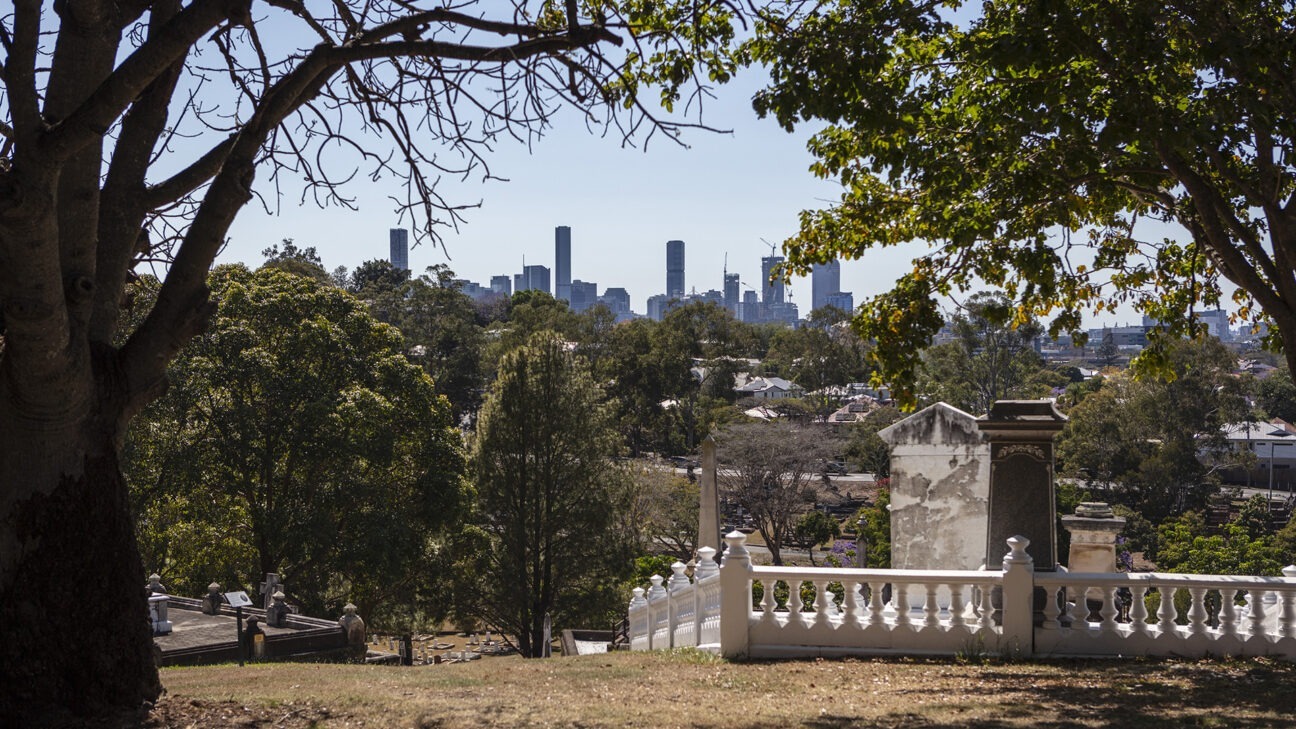 The view of the Brisbane skyline as viewed from the Toowoong Cemetery